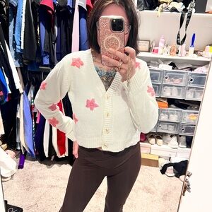 Francesca's Collections White and Pink Floral Cardigan